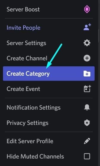Drop-down menu with ‘Create Category’ option on discord
