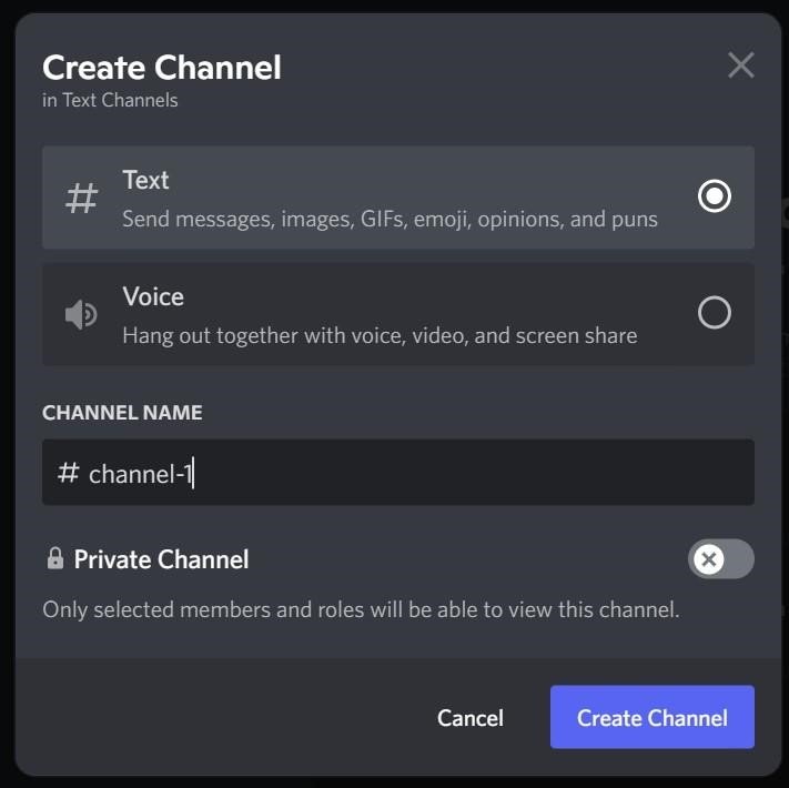 The create channel pop-up box on discord