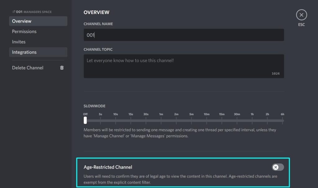 Age-restricted channel toggle in channel overview on discord