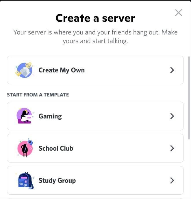 Pop-up box with server creation options on discord